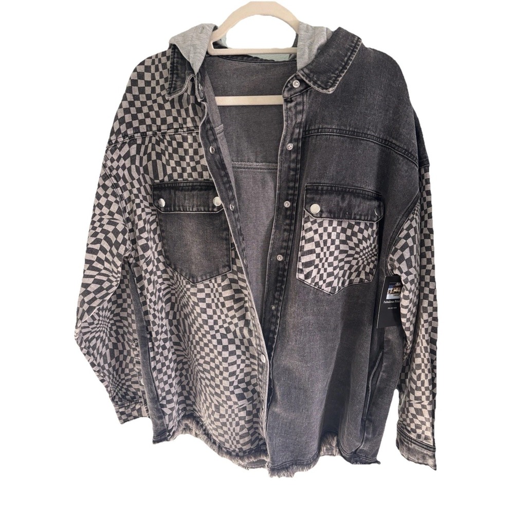 NEW Retro Hooded Washed Black & Gray Demin Button Jacket  Size Medium